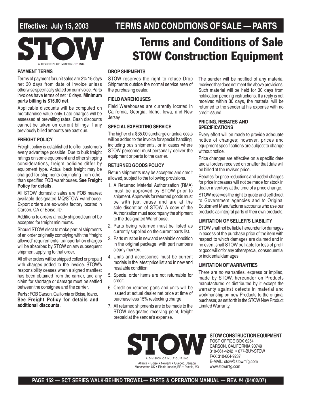 Stow SCT46, SCT36 operation manual Terms and Conditions of Sale 