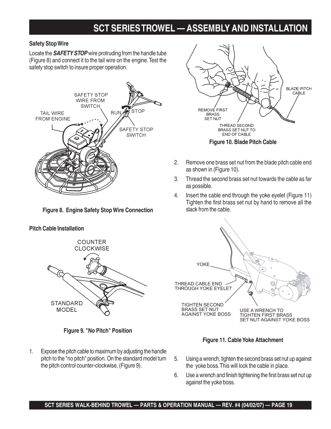 Stow SCT36, SCT46 operation manual Safety StopWire, Engine Safety Stop Wire Connection Pitch Cable Installation 