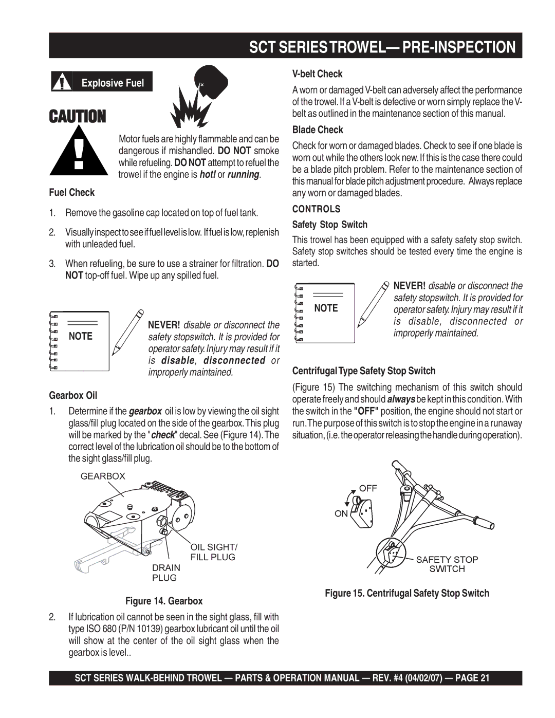 Stow SCT36, SCT46 operation manual Fuel Check, Gearbox Oil, Blade Check, CentrifugalType Safety Stop Switch 