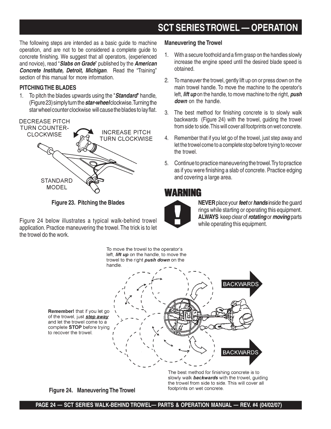 Stow SCT46, SCT36 operation manual SCT Seriestrowel Operation, Pitching the Blades 