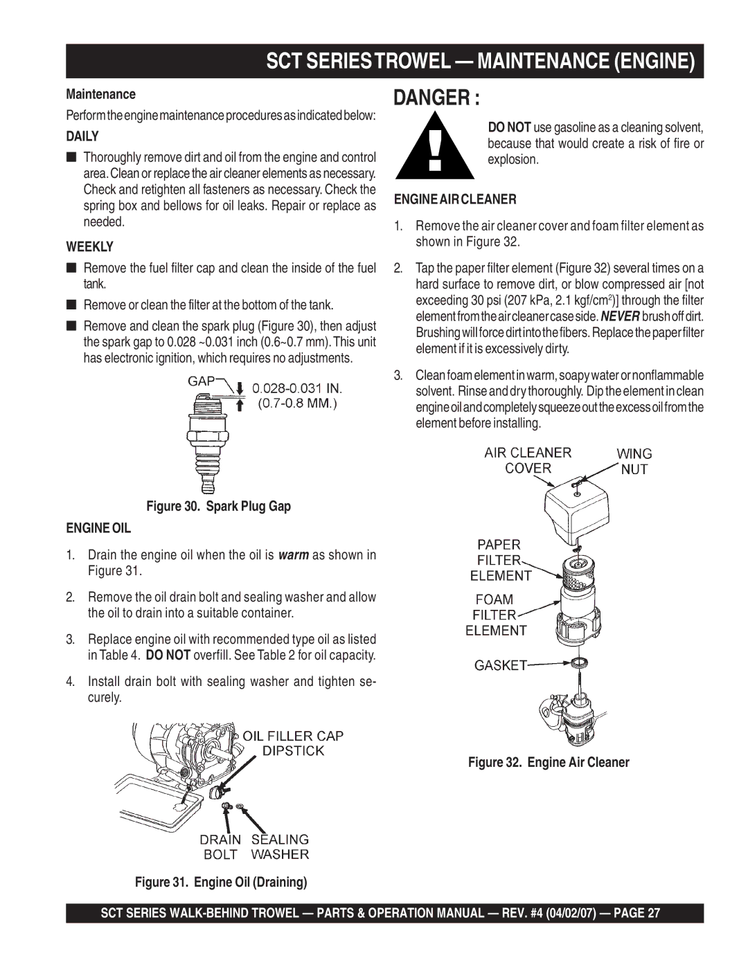 Stow SCT36, SCT46 operation manual Spark Plug Gap, Engine Air Cleaner 