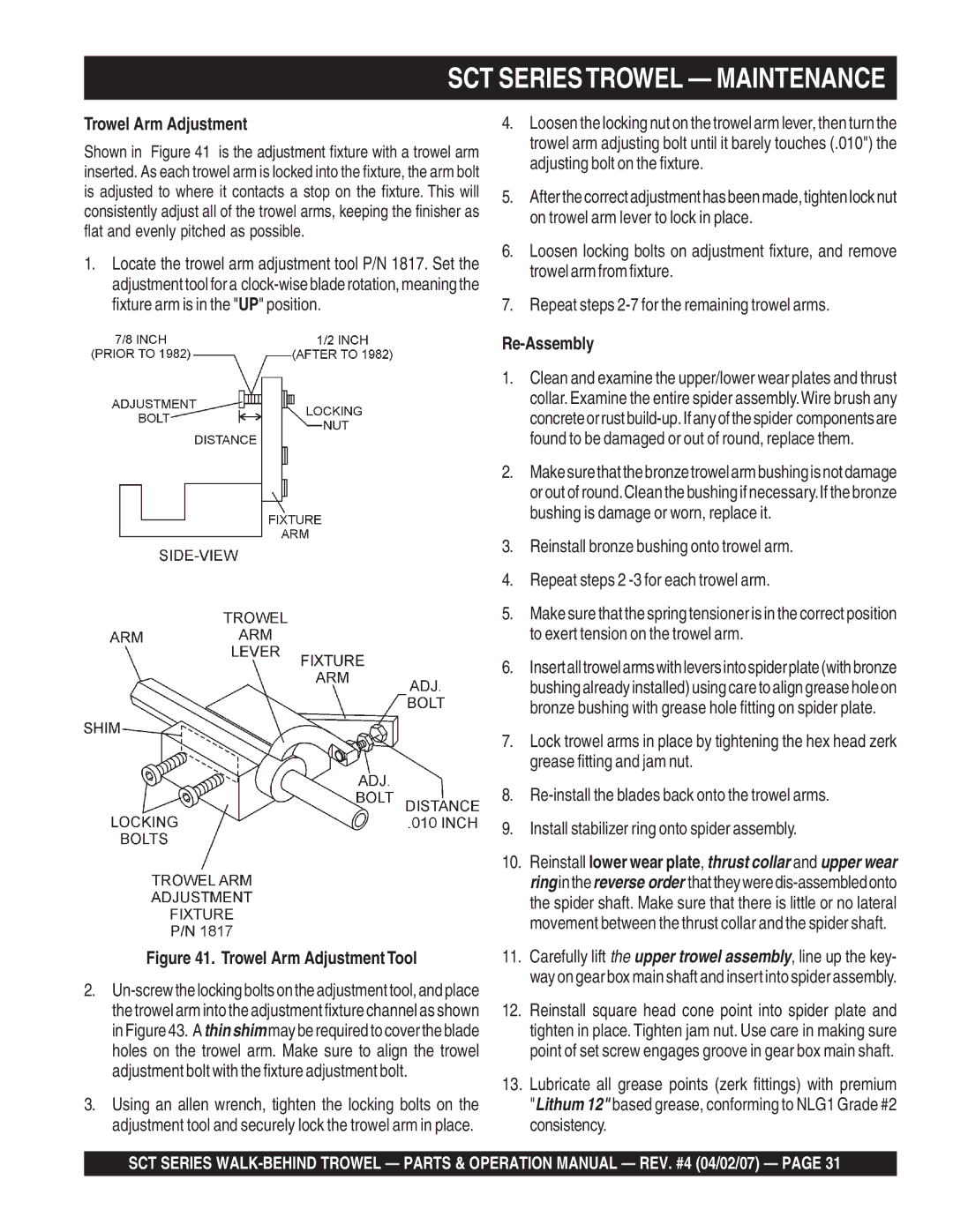 Stow SCT36, SCT46 operation manual Trowel Arm Adjustment, Re-Assembly 