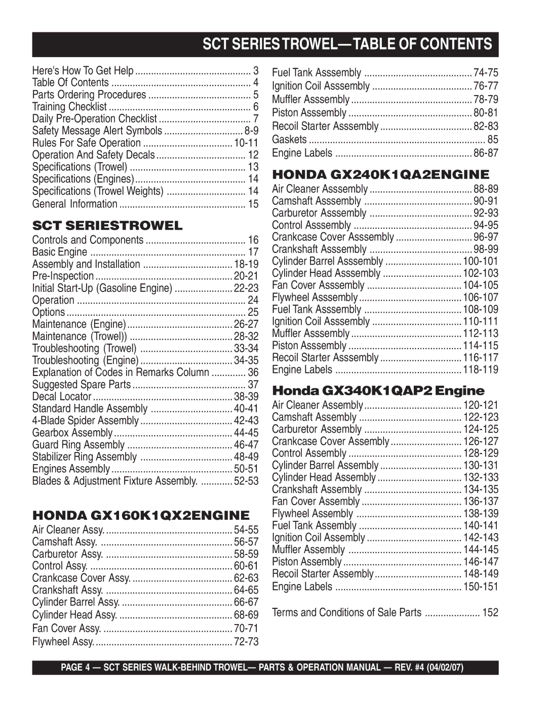 Stow SCT46, SCT36 operation manual SCT SERIESTROWEL-TABLE of Contents 