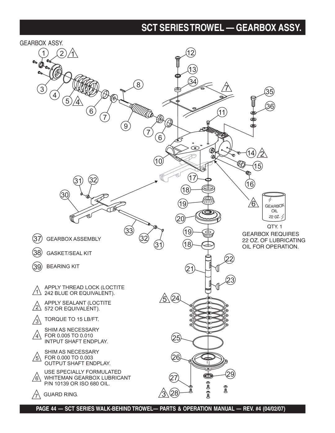 Stow SCT46, SCT36 operation manual SCT Seriestrowel Gearbox Assy 