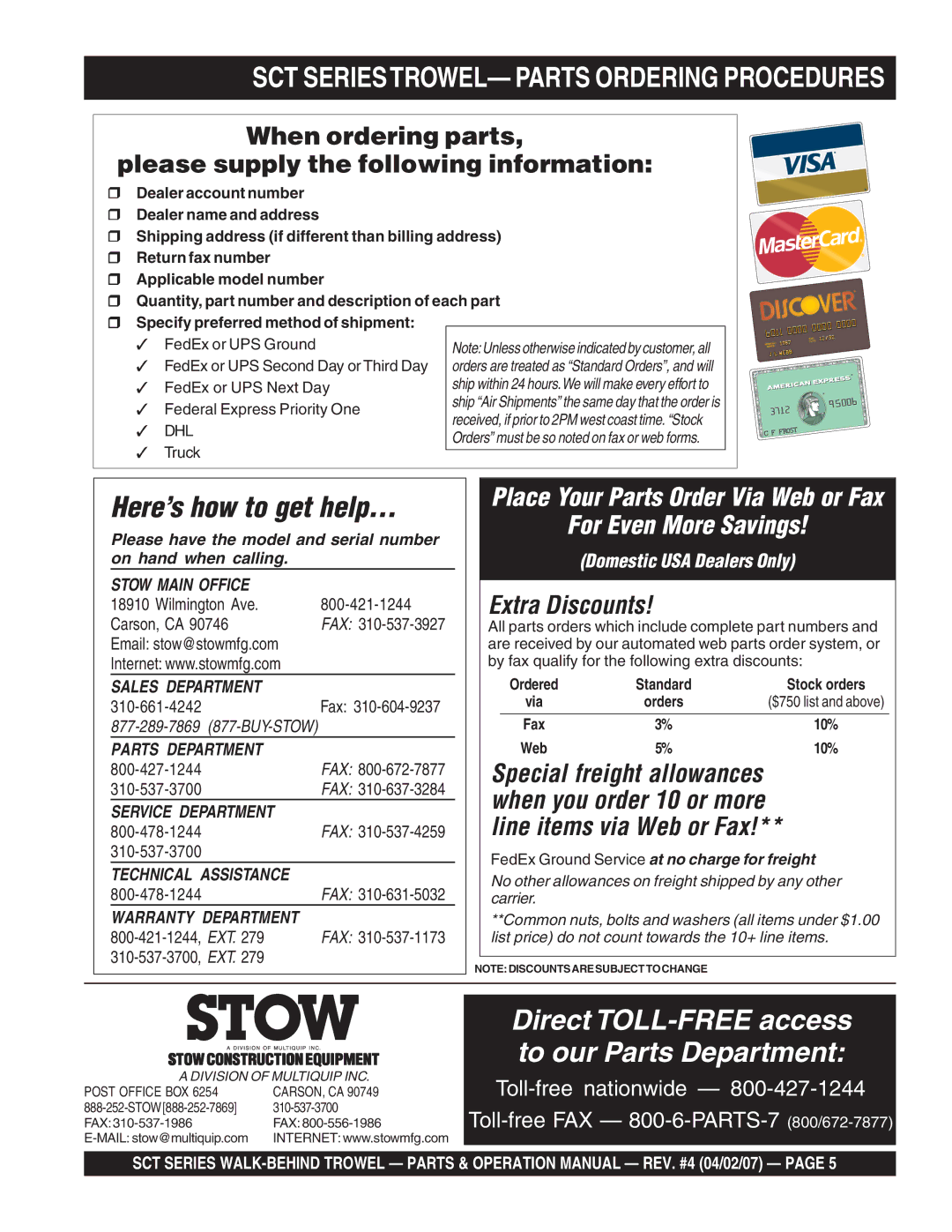 Stow SCT36, SCT46 SCT SERIESTROWEL- Parts Ordering Procedures, When ordering parts Please supply the following information 