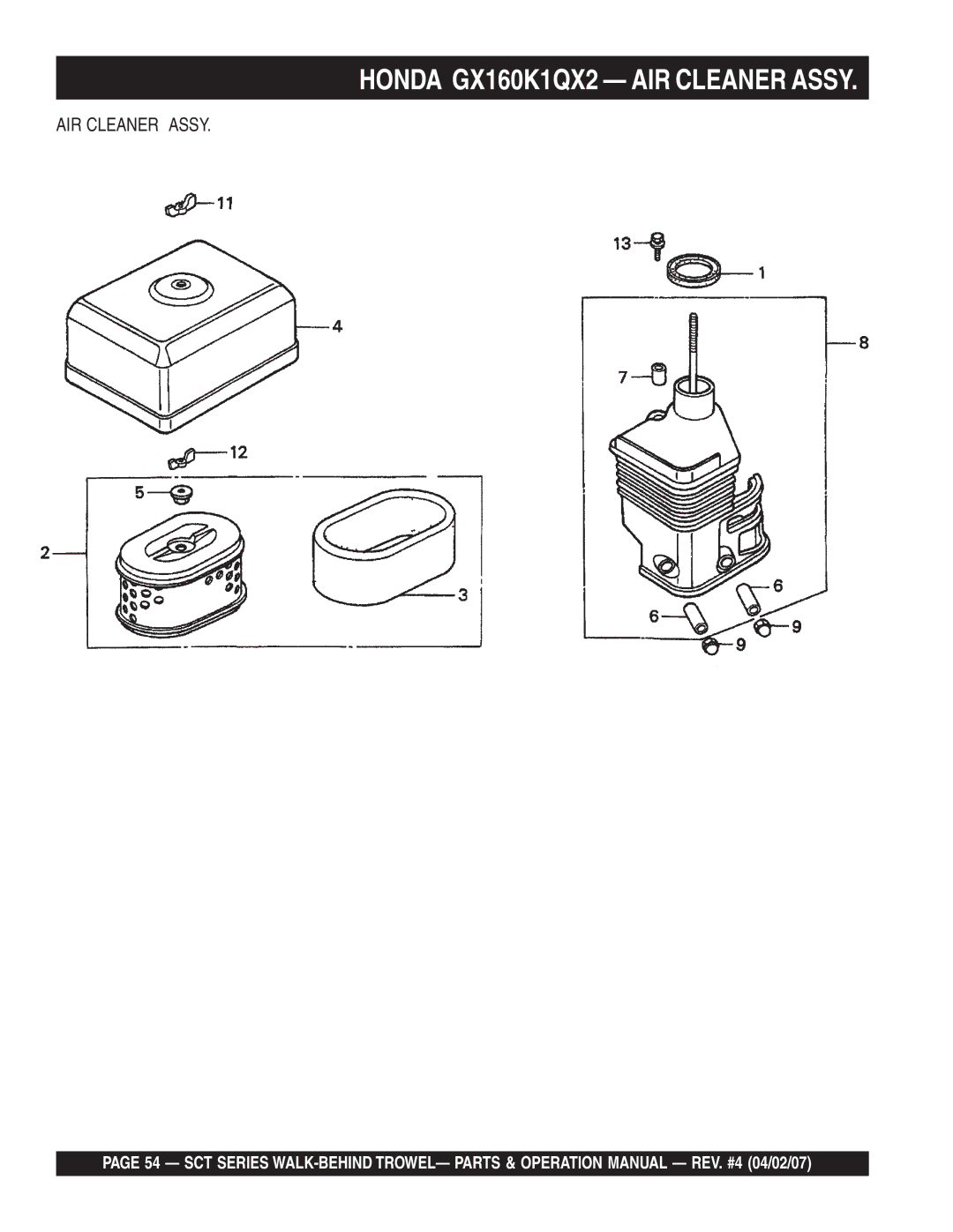 Stow SCT46, SCT36 operation manual Honda GX160K1QX2 AIR Cleaner Assy 