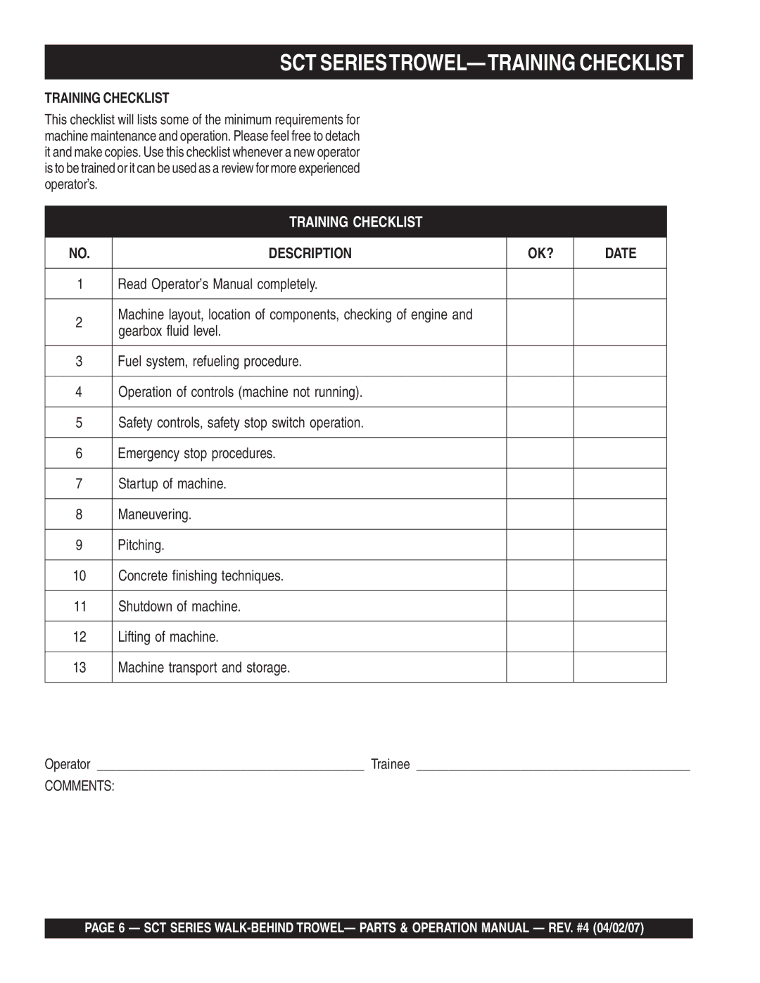 Stow SCT46, SCT36 operation manual SCT SERIESTROWEL-TRAINING Checklist 