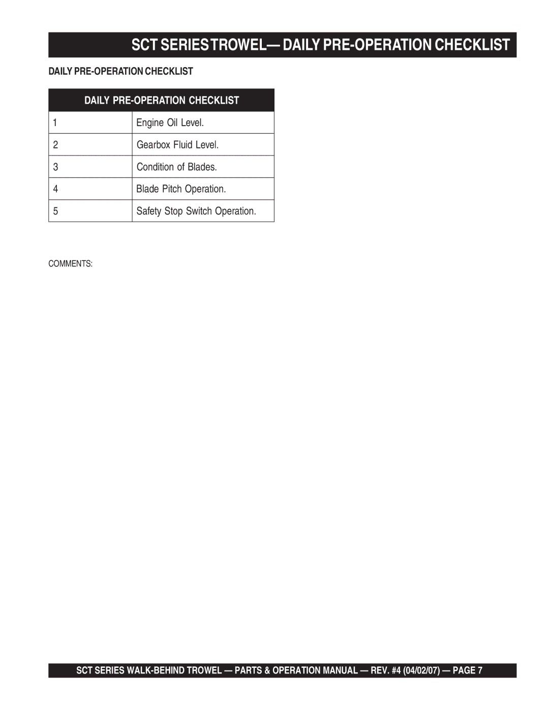 Stow SCT36, SCT46 operation manual SCT SERIESTROWEL- Daily PRE-OPERATION Checklist 