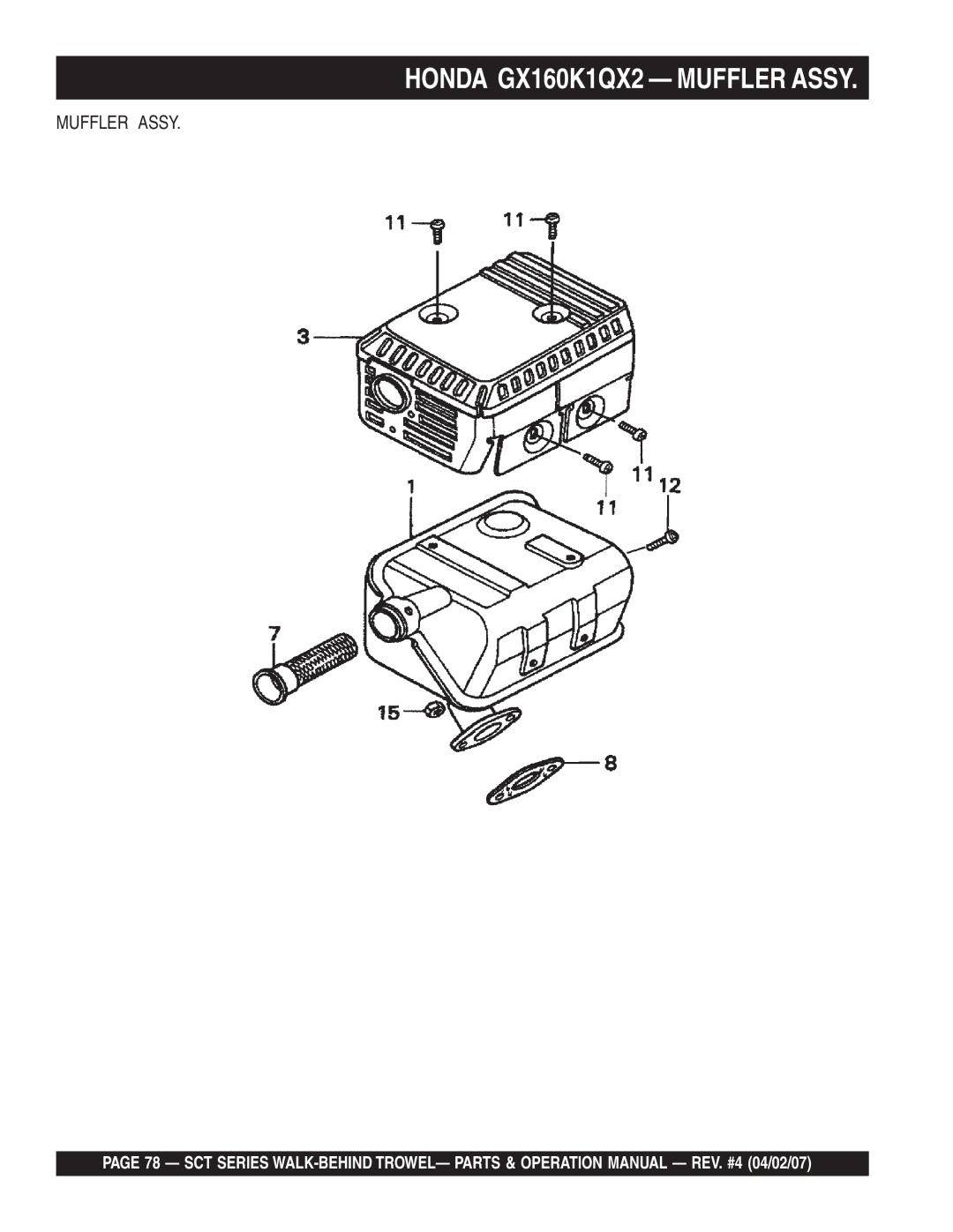 Stow SCT46, SCT36 operation manual Honda GX160K1QX2 Muffler Assy 