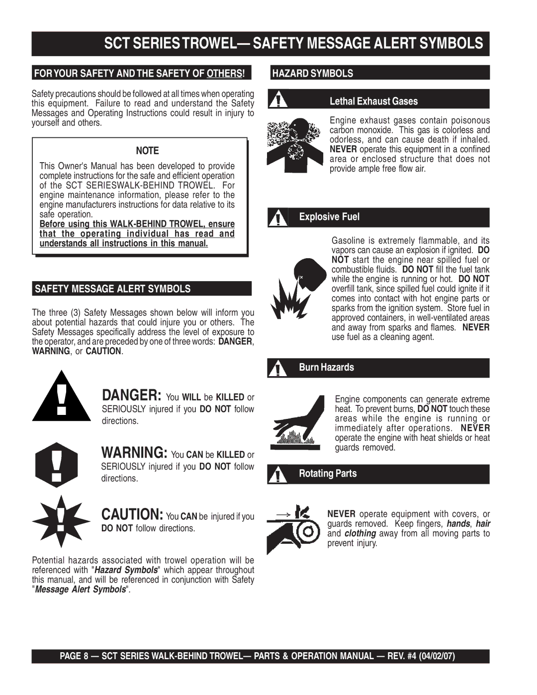 Stow SCT46, SCT36 operation manual SCT SERIESTROWEL- Safety Message Alert Symbols 