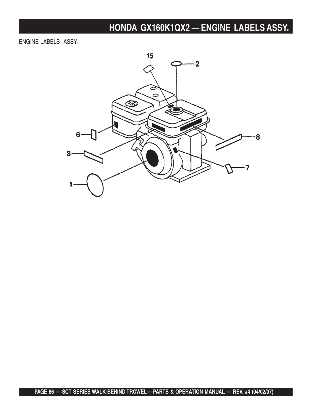 Stow SCT46, SCT36 operation manual Honda GX160K1QX2 Engine Labels Assy 