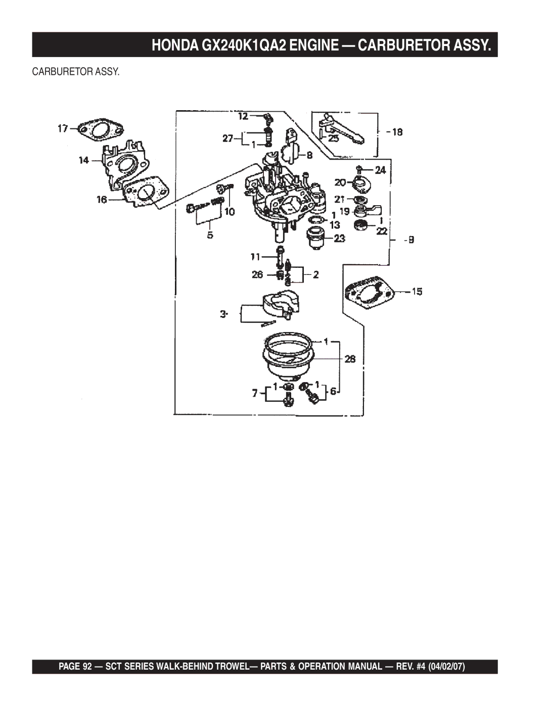 Stow SCT46, SCT36 operation manual Honda GX240K1QA2 Engine Carburetor Assy 