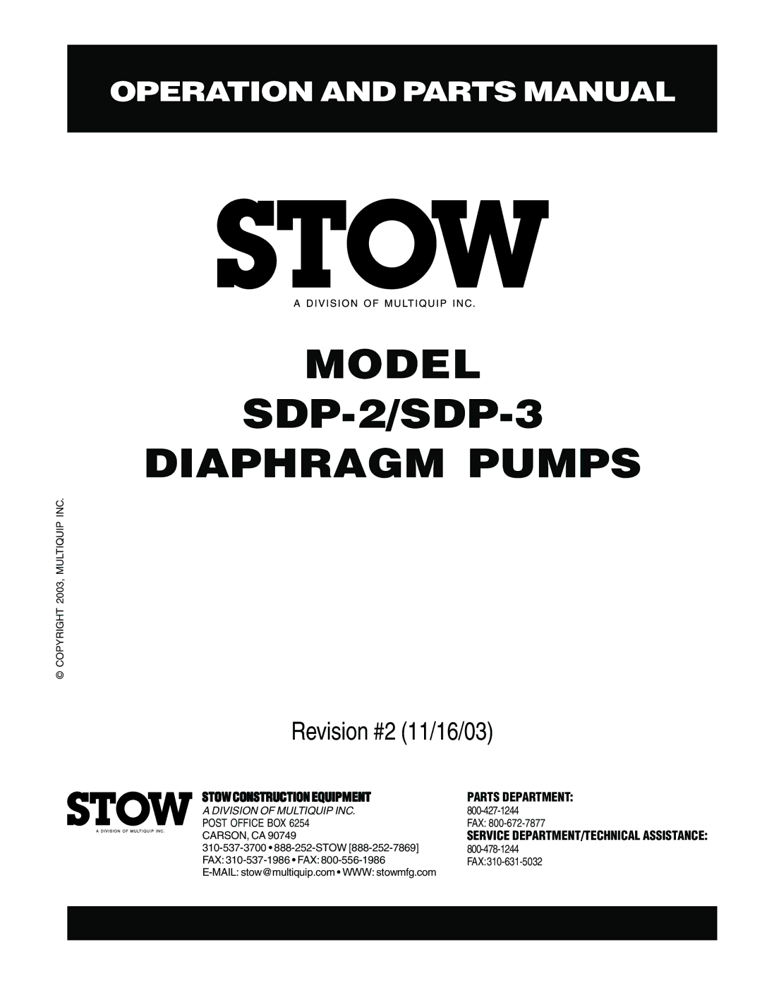 Stow manual Model SDP-2/SDP-3 Diaphragm Pumps 