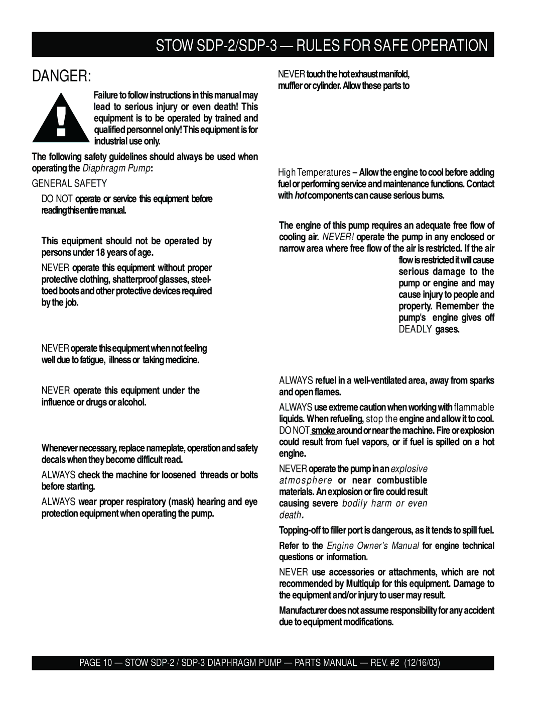 Stow manual Stow SDP-2/SDP-3 Rules for Safe Operation 