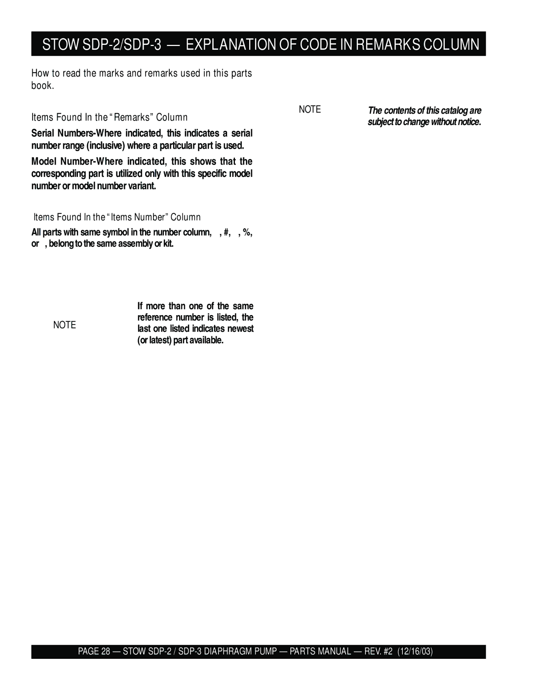 Stow manual Stow SDP-2/SDP-3 Explanation of Code in Remarks Column, Items Found In the Remarks Column 