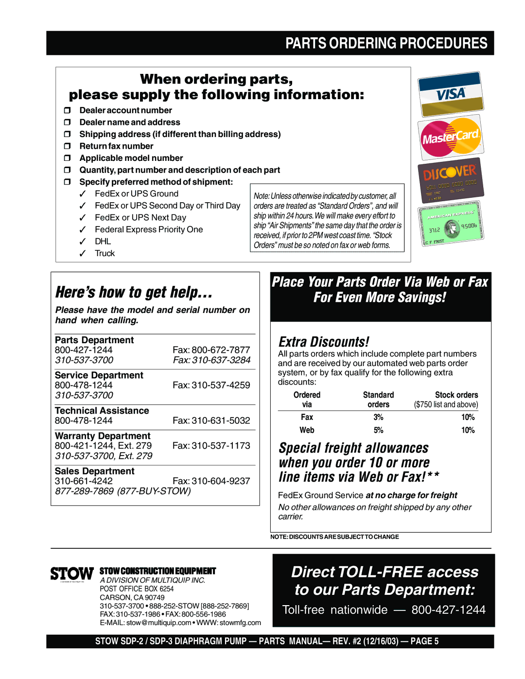 Stow SDP-2, SDP-3 manual Parts Ordering Procedures, When ordering parts Please supply the following information 