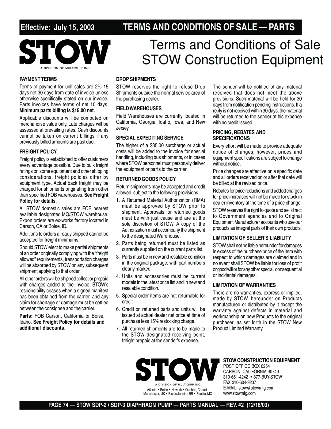 Stow SDP-3, SDP-2 manual Terms and Conditions of Sale 