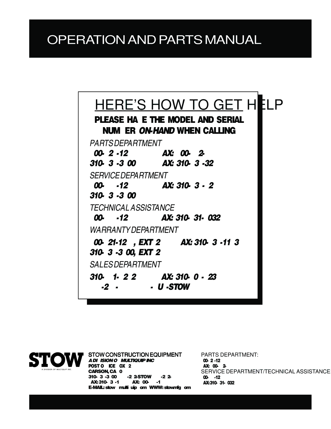 Stow SDP-3, SDP-2 manual Stowconstructionequipment Parts Department 