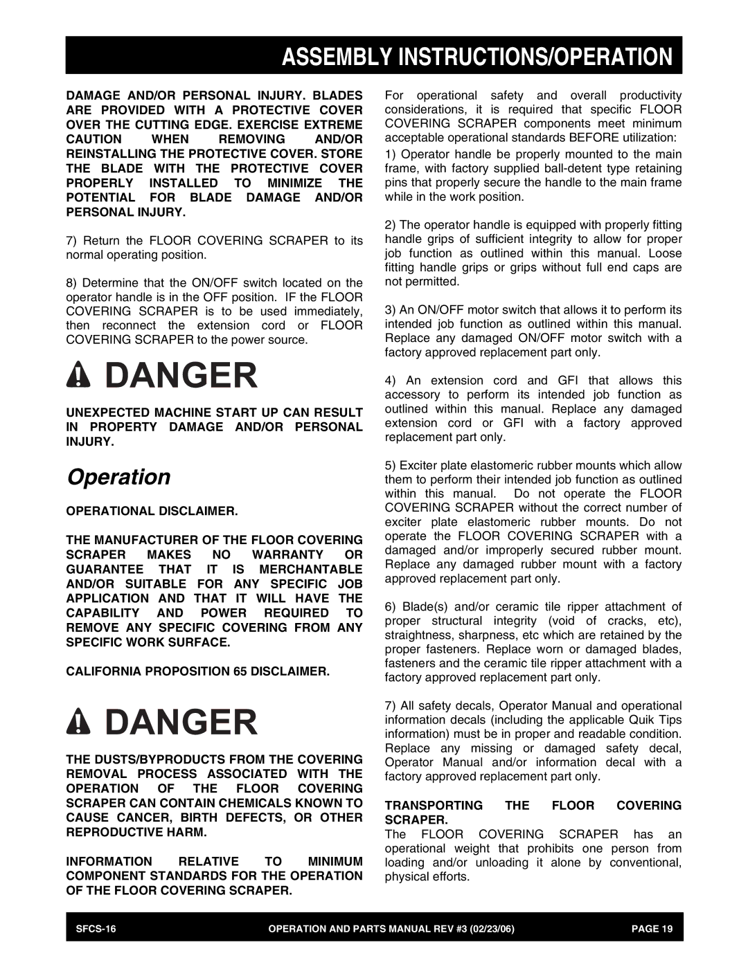 Stow SFCS-16 manual Operation, Transporting the Floor Covering Scraper 