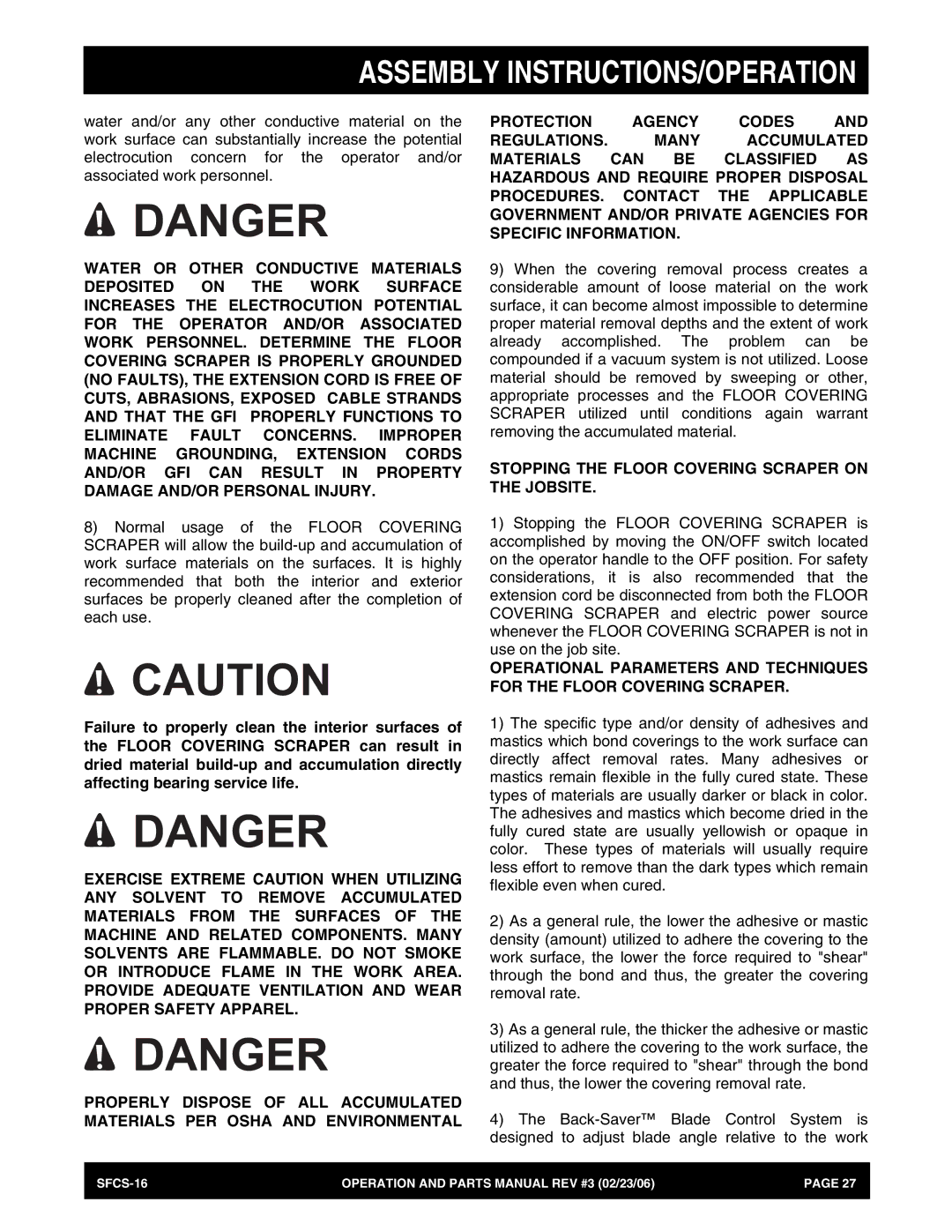 Stow SFCS-16 manual Stopping the Floor Covering Scraper on the Jobsite 