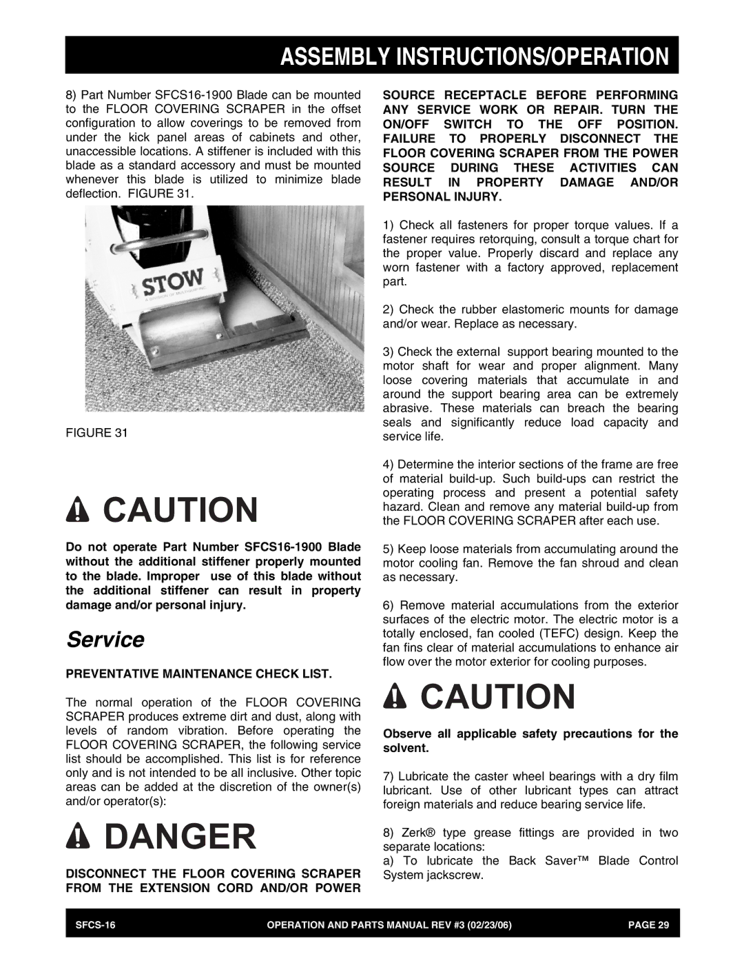 Stow SFCS-16 manual Service, Preventative Maintenance Check List 