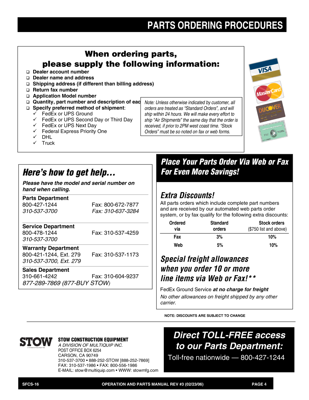 Stow SFCS-16 manual Here’s how to get help, Stow Construction Equipment 