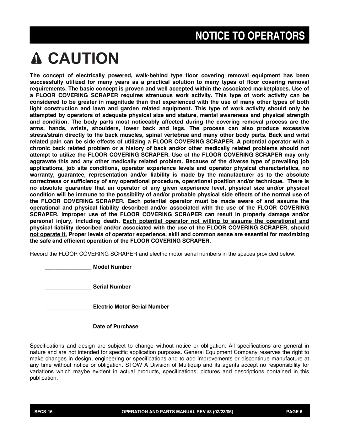 Stow manual SFCS-16 Operation and Parts Manual REV #3 02/23/06 