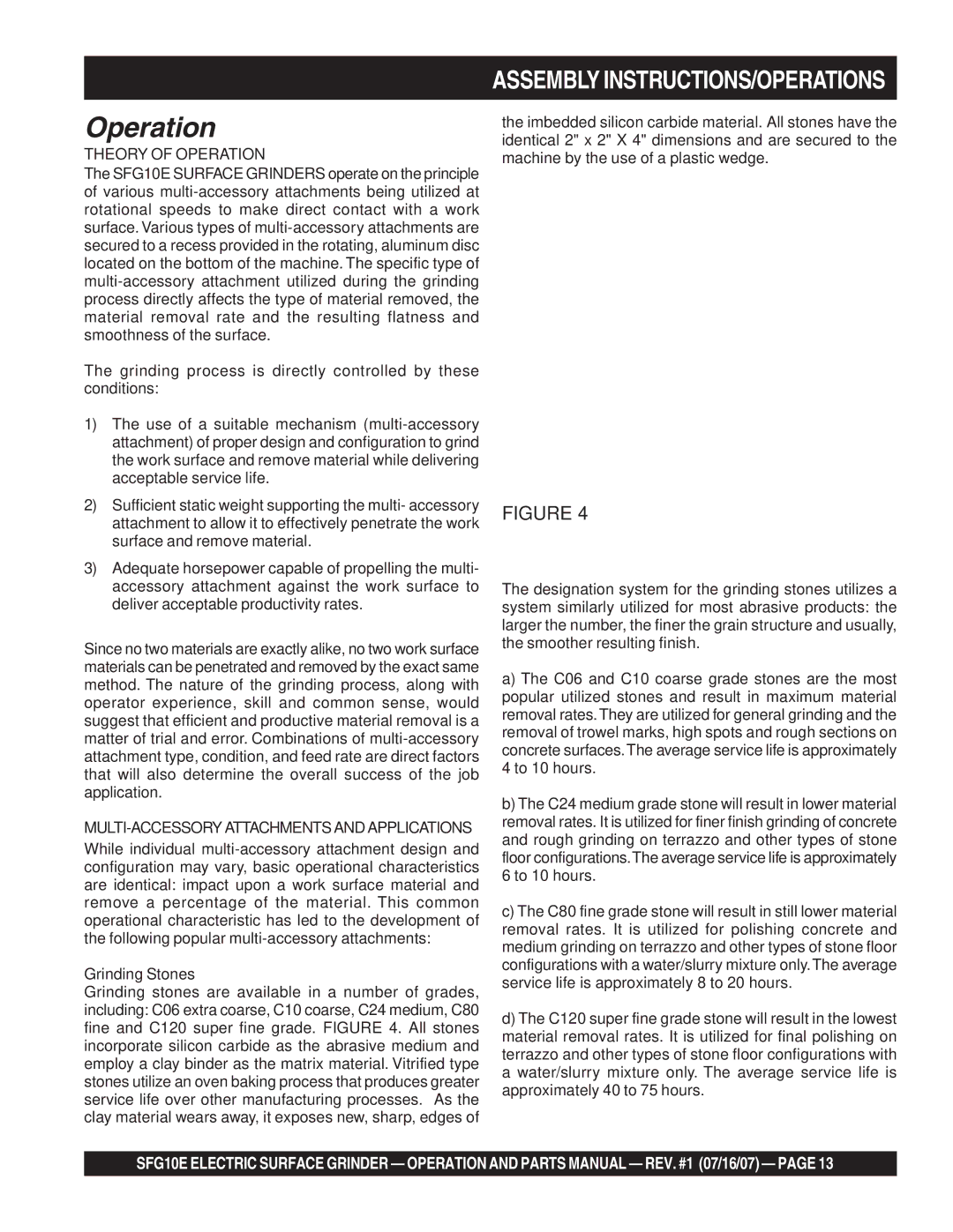 Stow SFG10E manual Theory of Operation, MULTI-ACCESSORY Attachments and Applications, Grinding Stones 