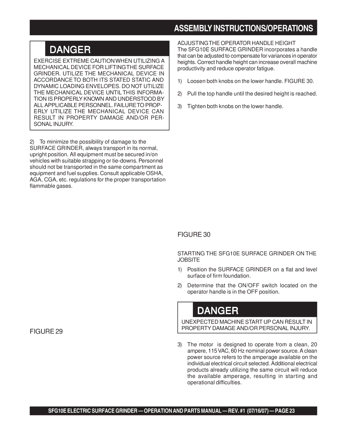 Stow manual Adjustingthe Operator Handle Height, Starting the SFG10E Surface Grinder on the Jobsite 