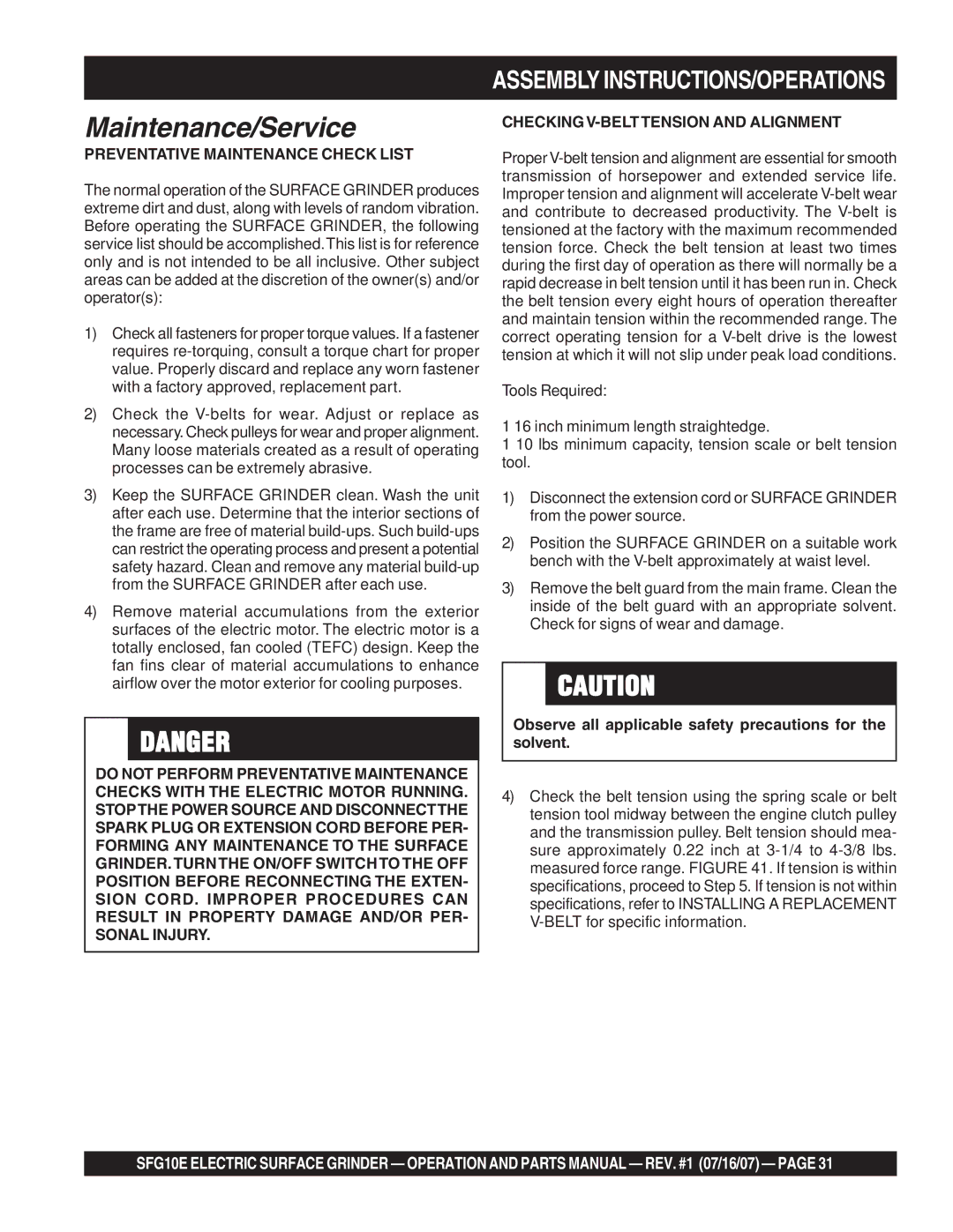 Stow SFG10E manual Preventative Maintenance Check List, Observe all applicable safety precautions for the solvent 