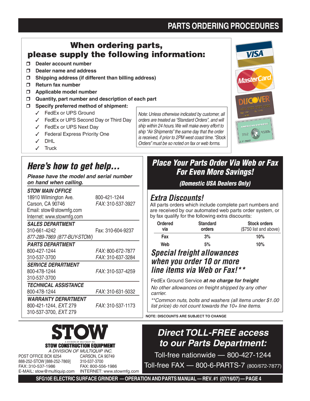 Stow SFG10E manual Parts Ordering Procedures, Stow Construction Equipment 