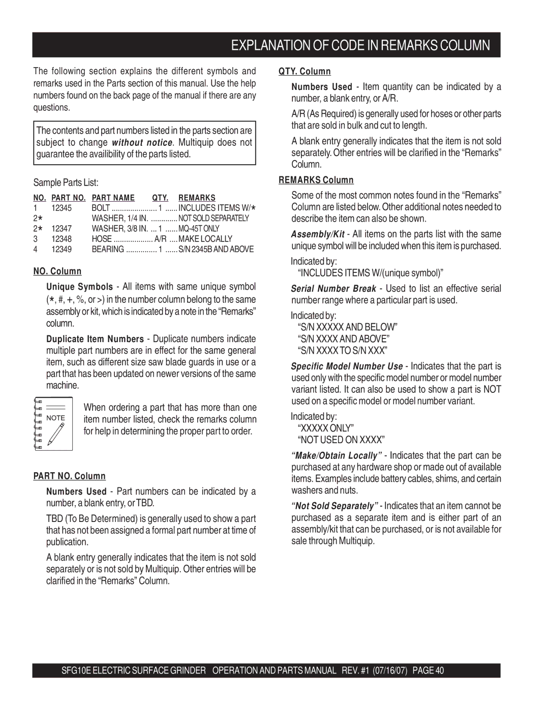 Stow SFG10E manual Part Name, Remarks 