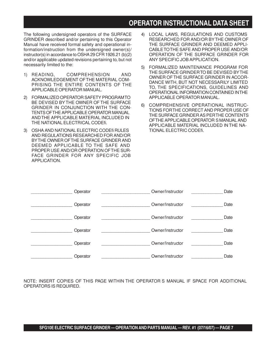 Stow SFG10E manual Operator Instructional Data Sheet 