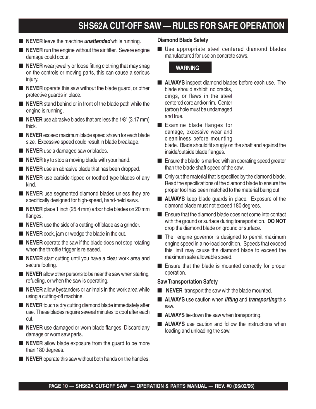 Stow SHS62A Never use carbide-tipped or toothed type blades of any kind, Diamond Blade Safety, Saw Transportation Safety 