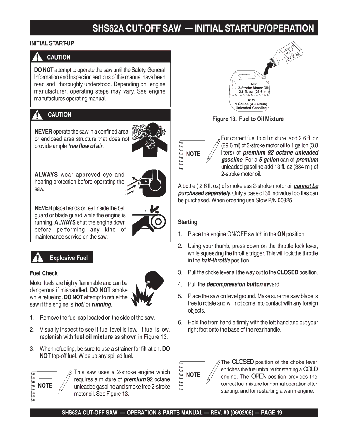 Stow manual SHS62A CUT-OFF SAW Initial START-UP/OPERATION, Fuel Check, Starting 