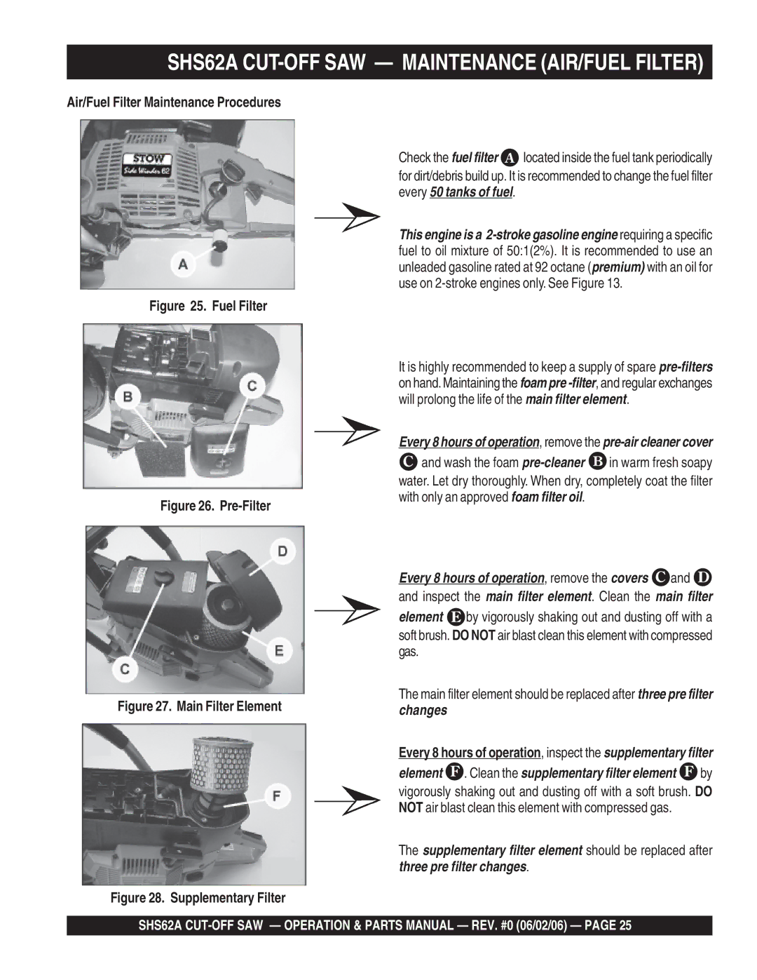 Stow manual SHS62A CUT-OFF SAW Maintenance AIR/FUEL Filter, Air/Fuel Filter Maintenance Procedures 