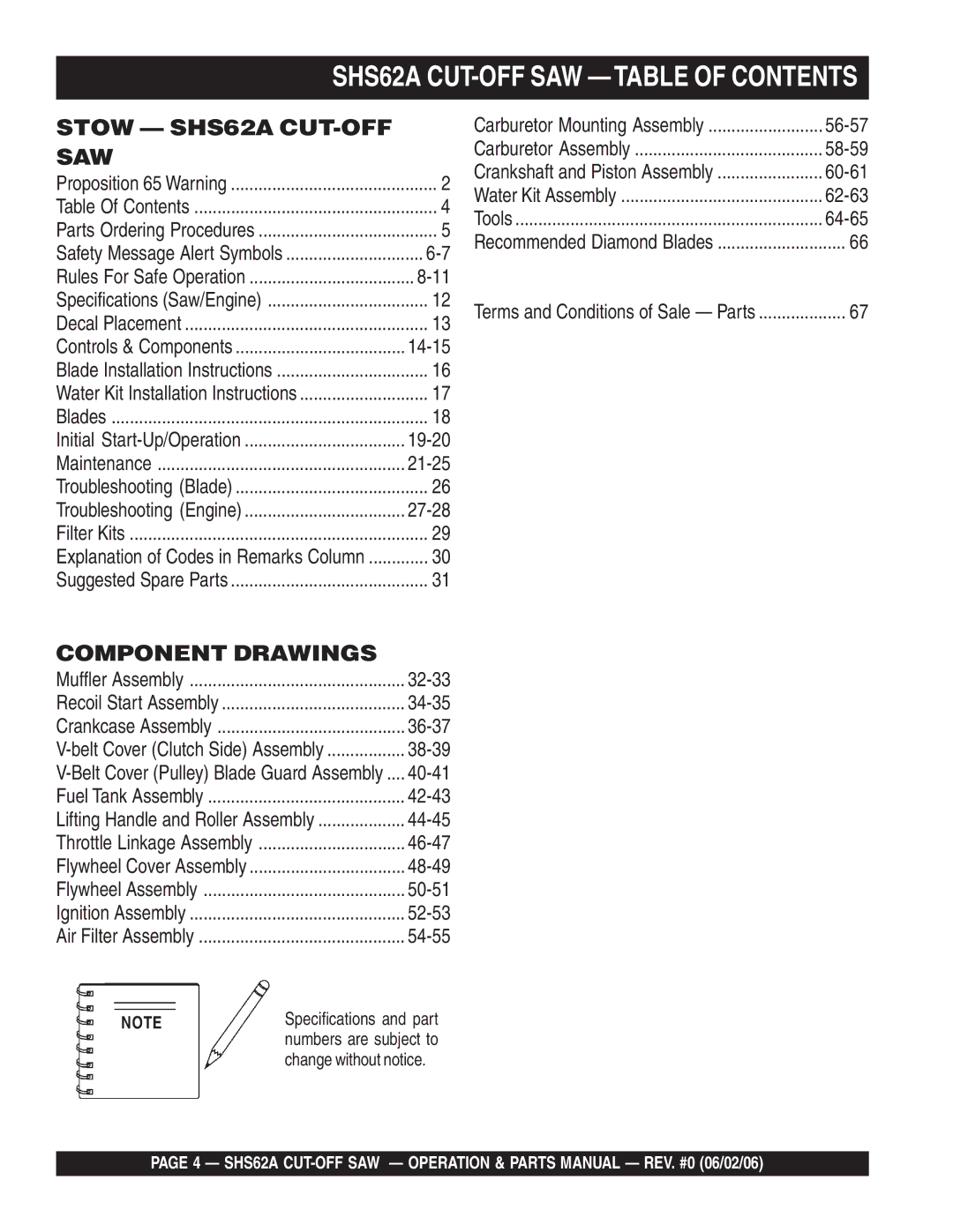 Stow manual SHS62A CUT-OFF SAW Table of Contents 