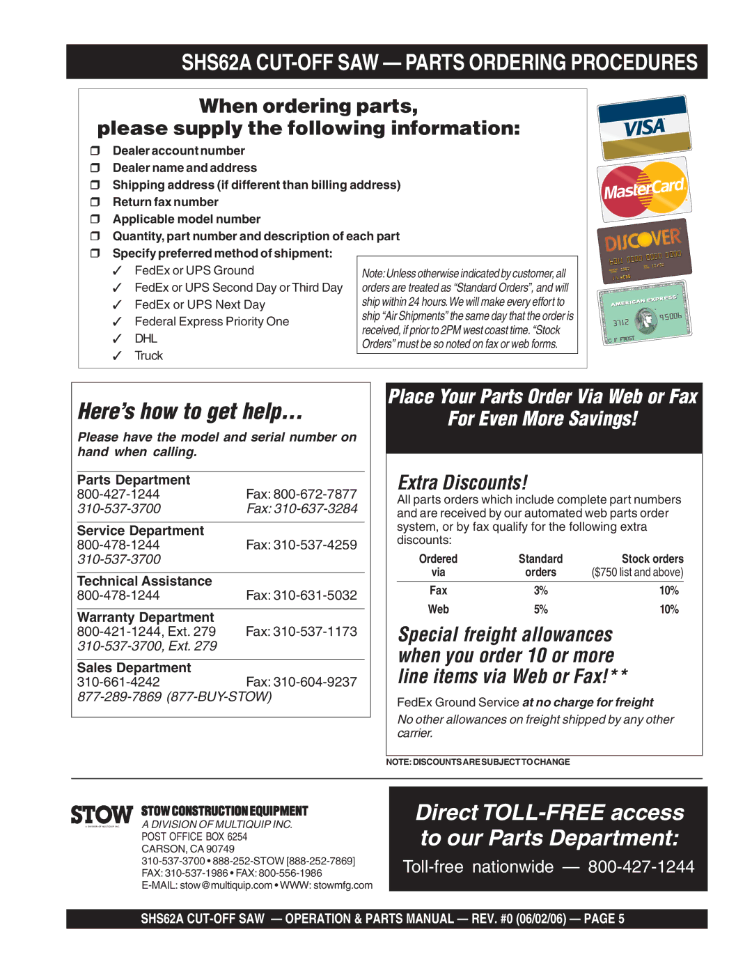 Stow manual SHS62A CUT-OFF SAW Parts Ordering Procedures 