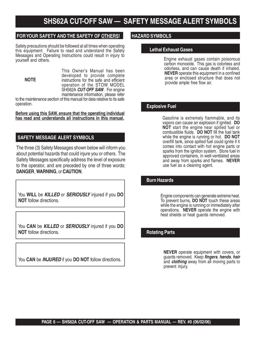 Stow manual SHS62A CUT-OFF SAW Safety Message Alert Symbols 