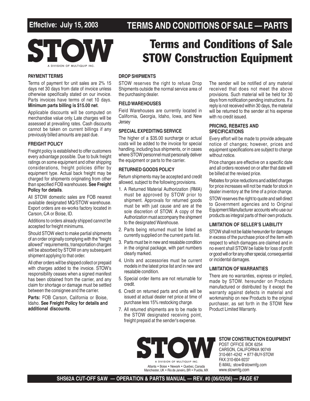 Stow SHS62A manual Terms and Conditions of Sale Parts 