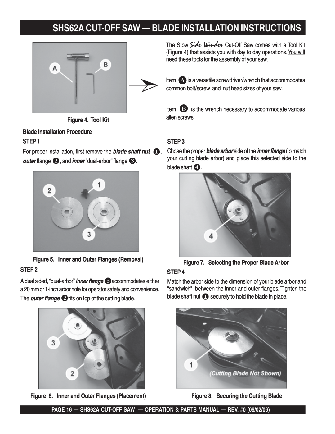 Stow manual SHS62A CUT-OFF SAW - BLADE INSTALLATION INSTRUCTIONS, Tool Kit Blade Installation Procedure STEP, Step 