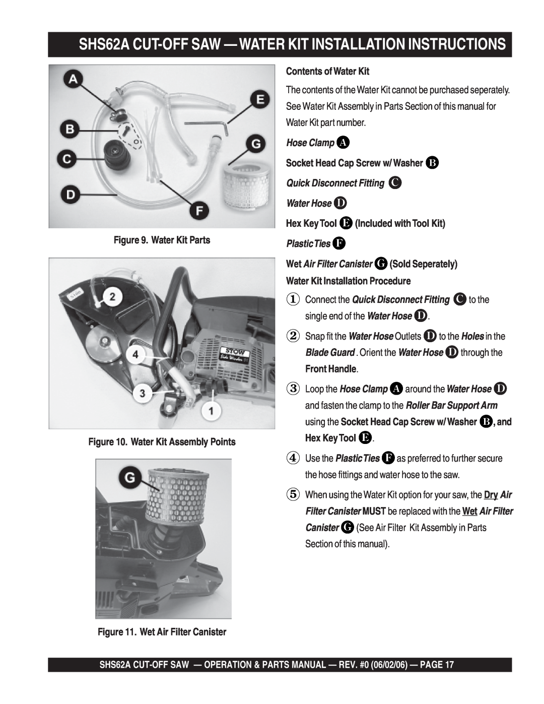 Stow SHS62A CUT-OFF SAW - WATER KIT INSTALLATION INSTRUCTIONS, Water Kit Parts . Water Kit Assembly Points, Water Hose 
