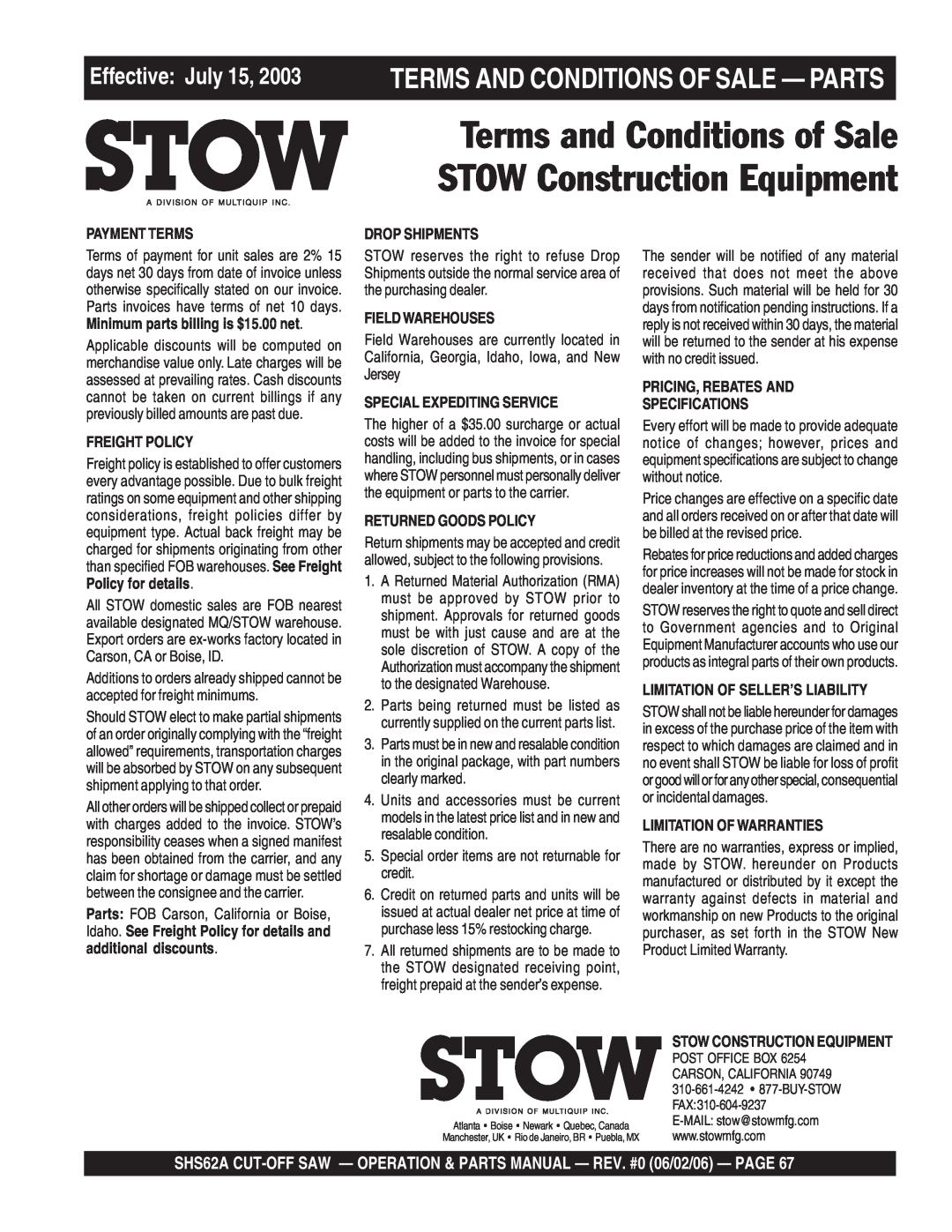 Stow SHS62A Terms and Conditions of Sale, STOW Construction Equipment, Terms And Conditions Of Sale - Parts, Payment Terms 