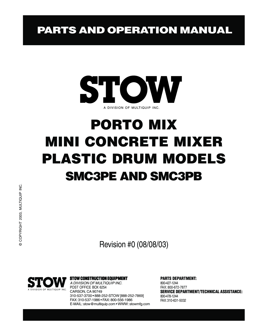 Stow SMC3PB, SMC3PE operation manual Porto MIX Mini Concrete Mixer Plastic Drum Models 