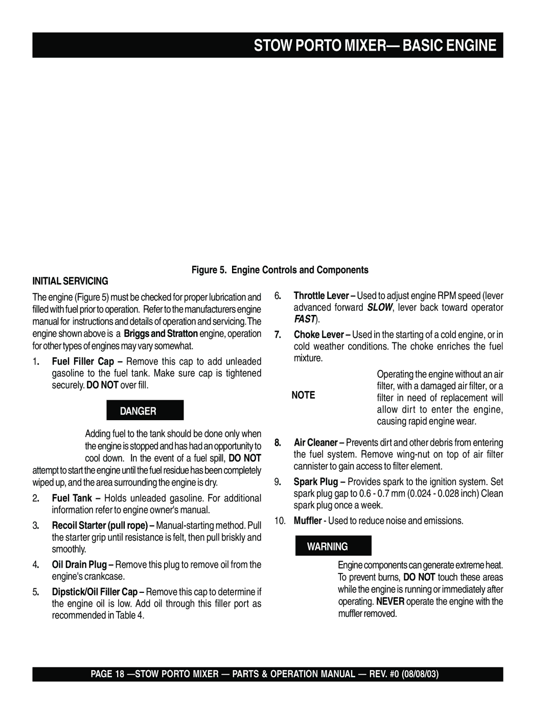 Stow SMC3PE, SMC3PB operation manual Stow Porto MIXER- Basic Engine, Engine Controls and Components 