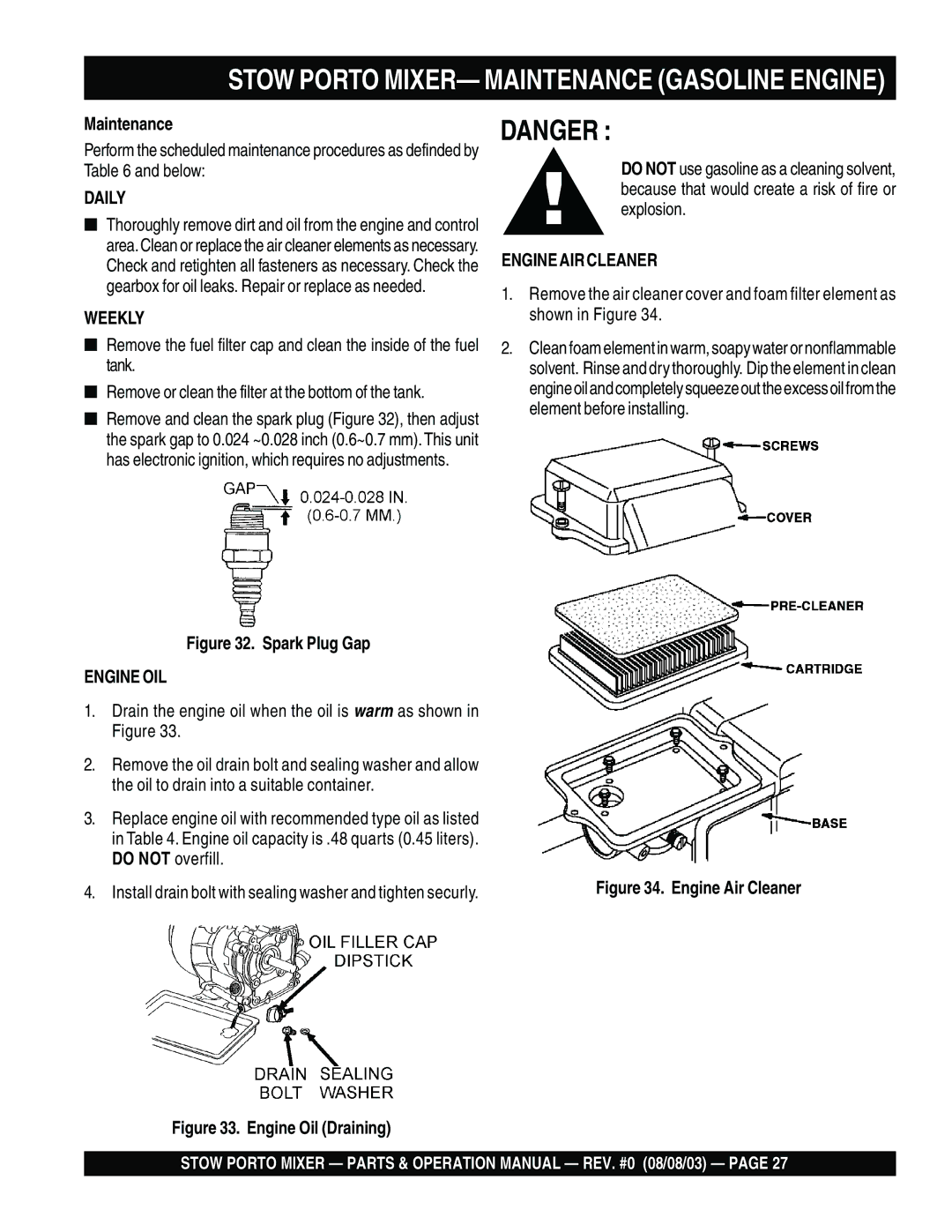 Stow SMC3PB, SMC3PE operation manual Stow Porto MIXER- Maintenance Gasoline Engine 