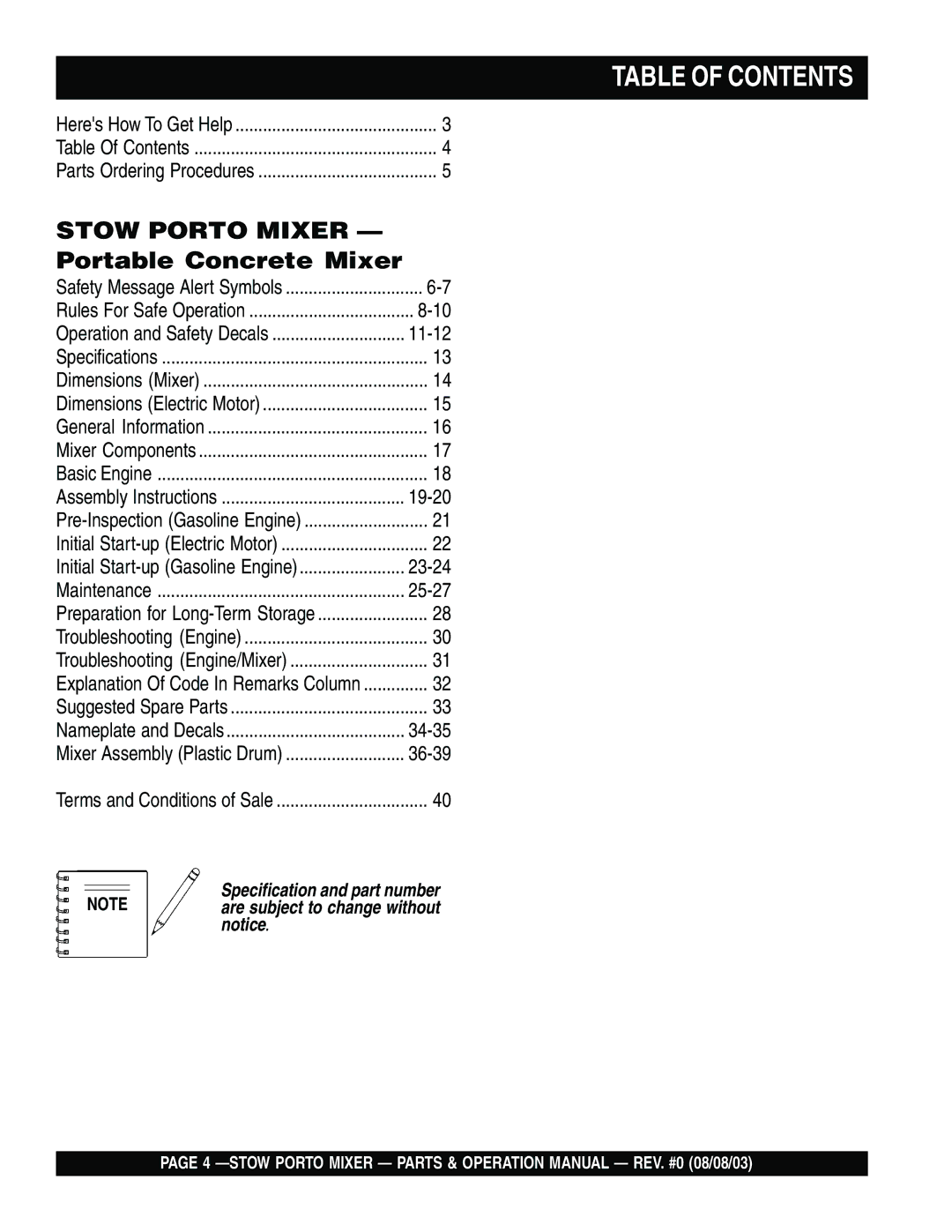 Stow SMC3PE, SMC3PB operation manual Table of Contents 