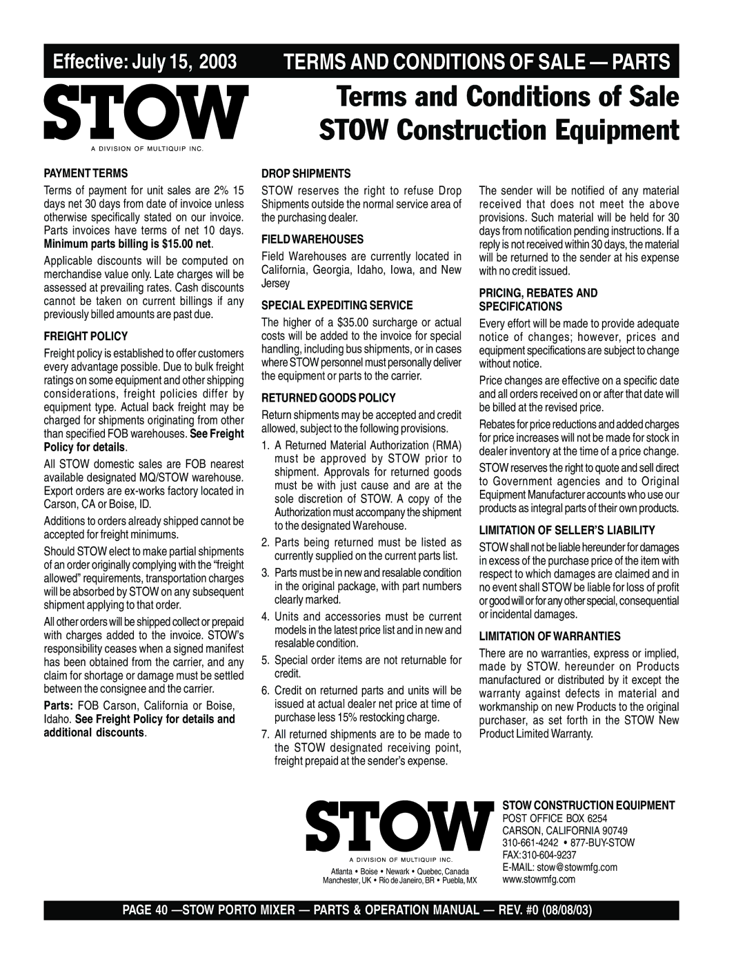 Stow SMC3PE, SMC3PB operation manual Terms and Conditions of Sale Stow Construction Equipment 