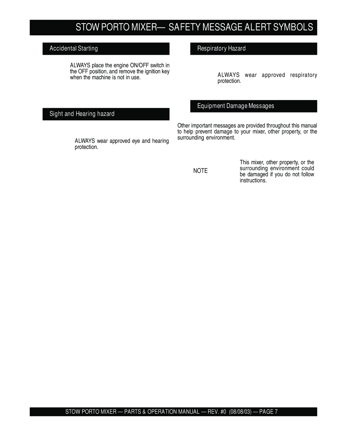 Stow SMC3PB, SMC3PE Stow Porto MIXER- Safety Message Alert Symbols, Sight and Hearing hazard Equipment Damage Messages 
