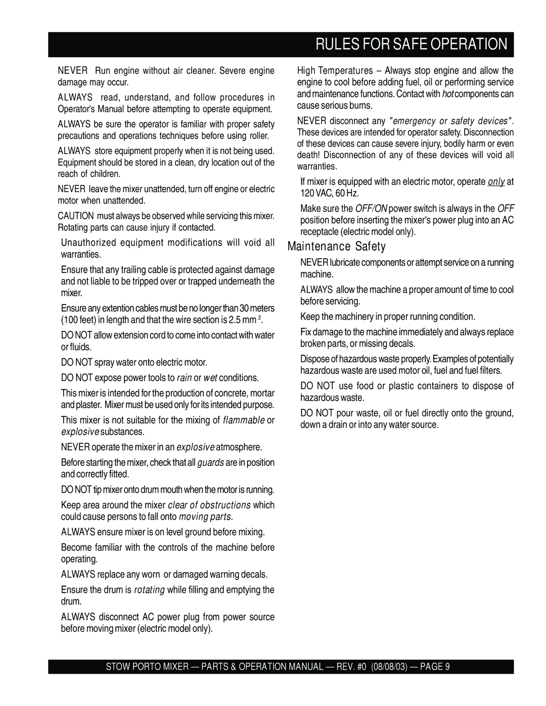 Stow SMC3PB, SMC3PE operation manual Rules for Safe Operation 